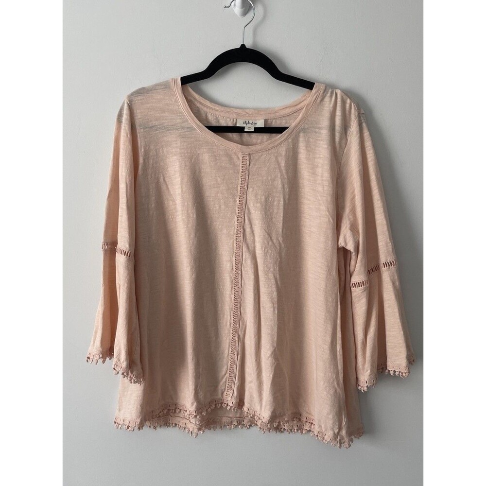 Style & Co Women's Peach Crochet-Trim Bell-Sleeve Top - Size PXL Boho Peasant